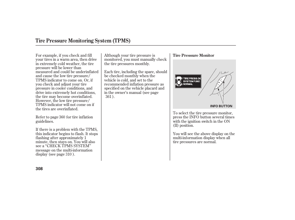 Tire pressure monitoring system (tpms) | Acura 2008 RDX User Manual | Page 314 / 434