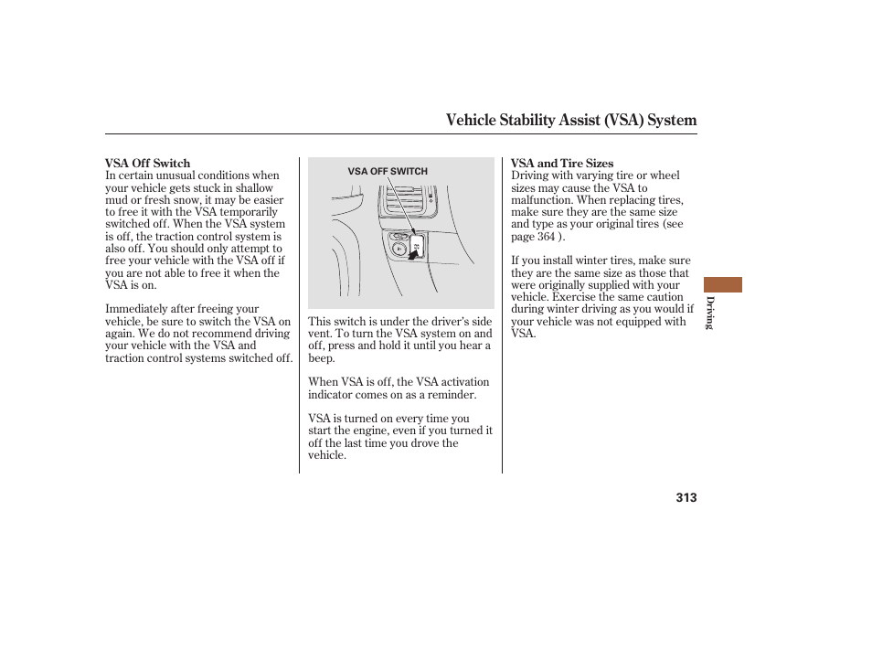 Vehicle stability assist (vsa) system | Acura 2008 RDX User Manual | Page 319 / 434