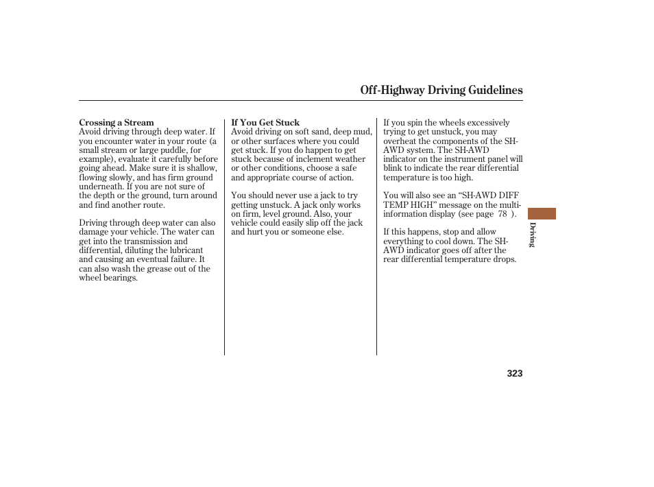 Off-highway driving guidelines | Acura 2008 RDX User Manual | Page 329 / 434
