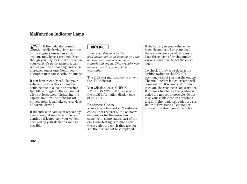 Malfunction indicator lamp | Acura 2008 RDX User Manual | Page 388 / 434