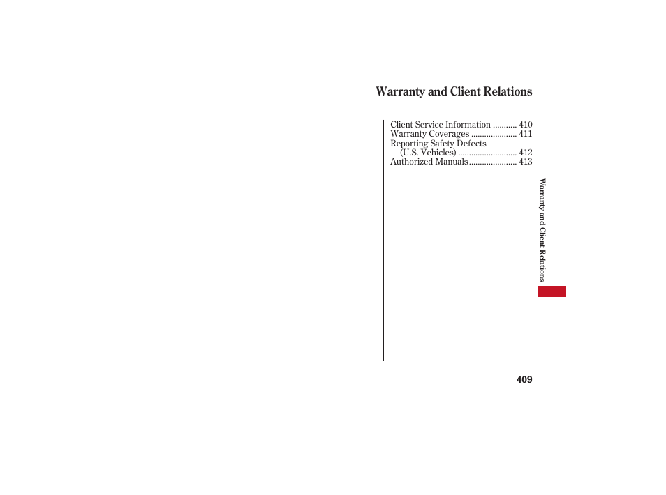 Warranty and client relations | Acura 2008 RDX User Manual | Page 415 / 434