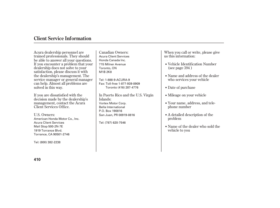 Client service information | Acura 2008 RDX User Manual | Page 416 / 434