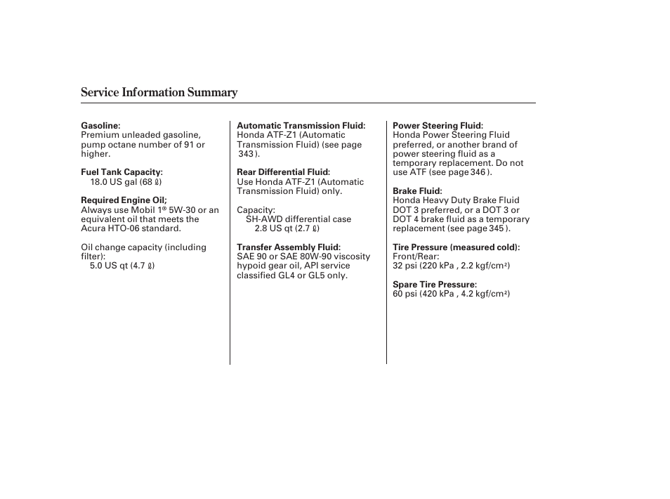 Service information summary | Acura 2008 RDX User Manual | Page 434 / 434