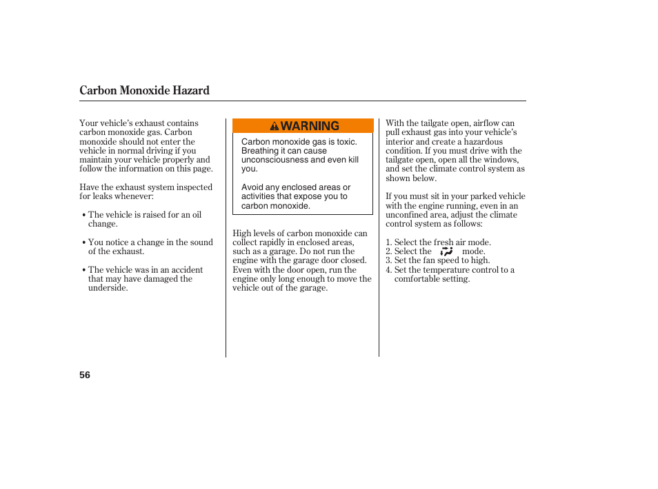 Carbon monoxide hazard | Acura 2008 RDX User Manual | Page 62 / 434