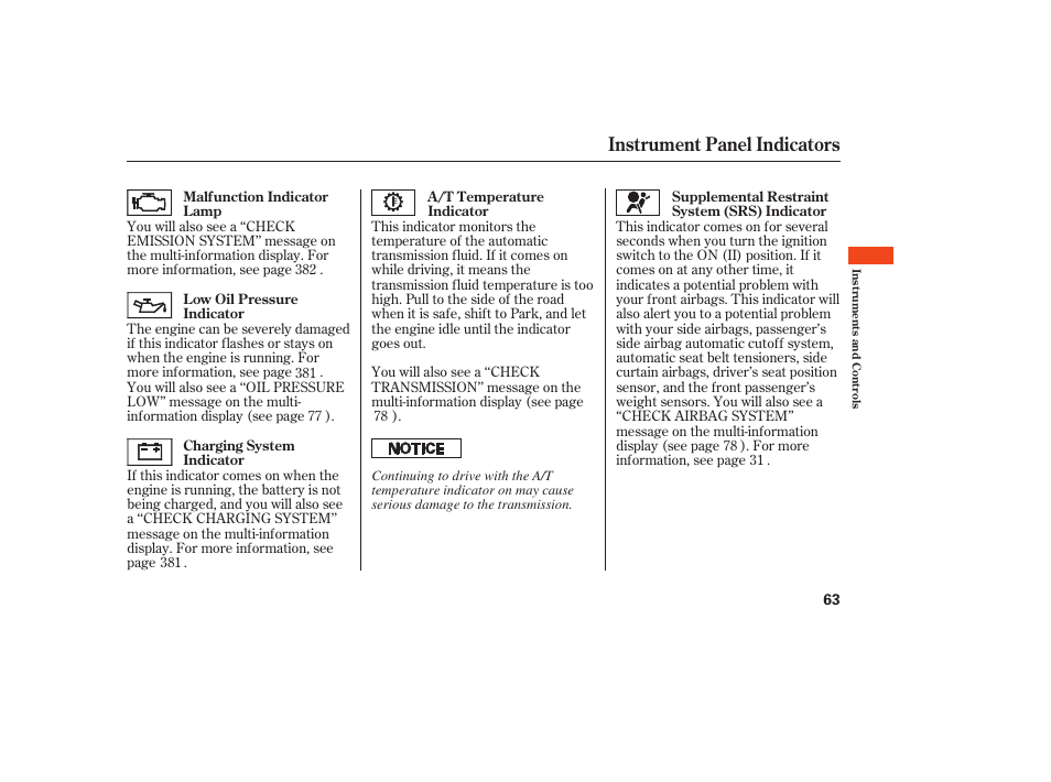 Instrument panel indicators | Acura 2008 RDX User Manual | Page 69 / 434