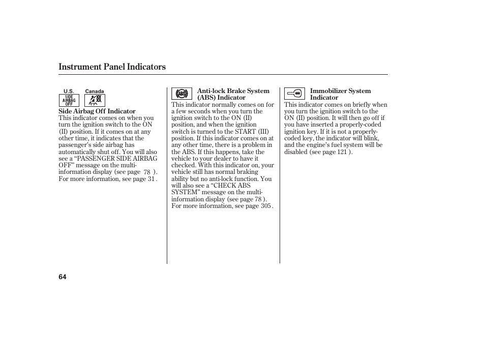 Instrument panel indicators | Acura 2008 RDX User Manual | Page 70 / 434
