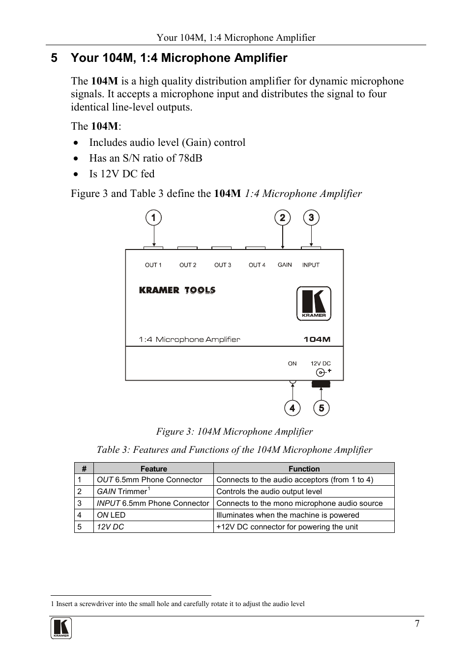 5 your 104m, 1:4 microphone amplifier, Your 104m, 1:4 microphone amplifier, Figure 3: 104m microphone amplifier | Kramer Electronics 105VB User Manual | Page 10 / 26
