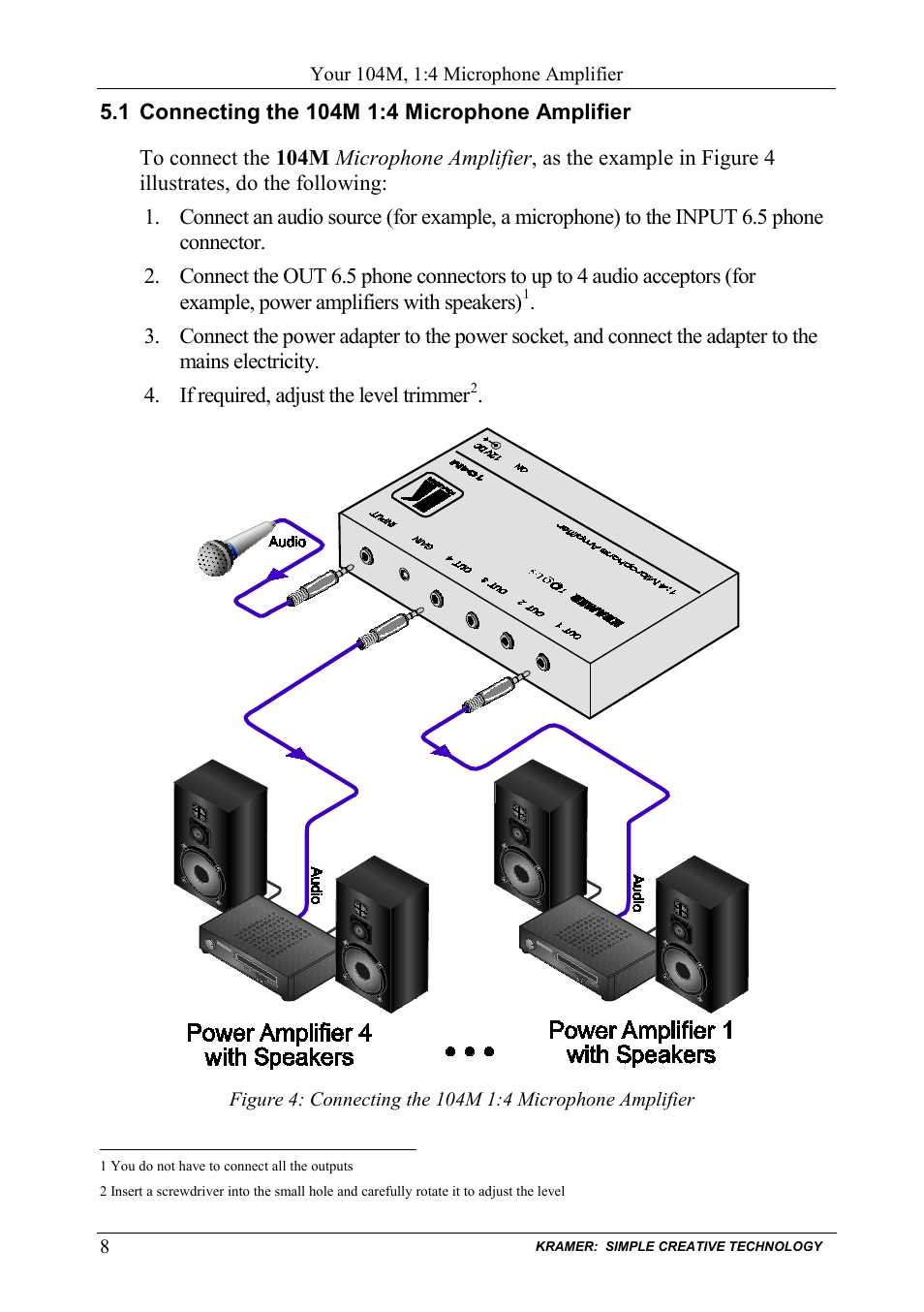 1 connecting the 104m 1:4 microphone amplifier, Connecting the 104m 1:4 microphone amplifier | Kramer Electronics 105VB User Manual | Page 11 / 26