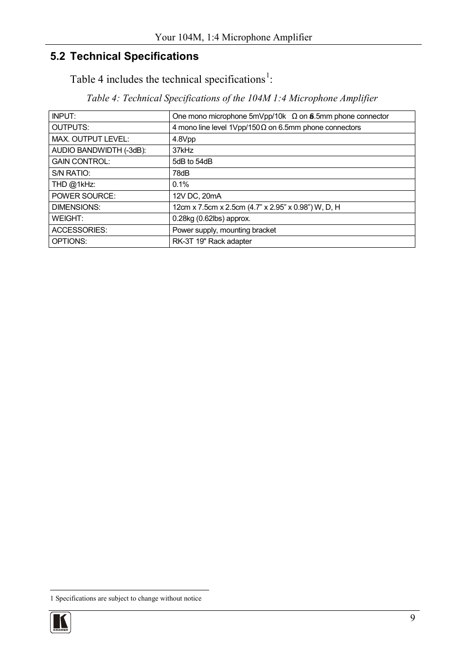 2 technical specifications, Technical specifications | Kramer Electronics 105VB User Manual | Page 12 / 26