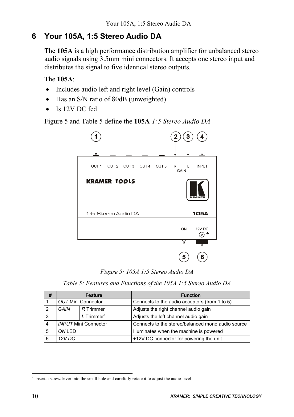 6 your 105a, 1:5 stereo audio da, Your 105a, 1:5 stereo audio da, Figure 5: 105a 1:5 stereo audio da | 5 stereo audio da | Kramer Electronics 105VB User Manual | Page 13 / 26
