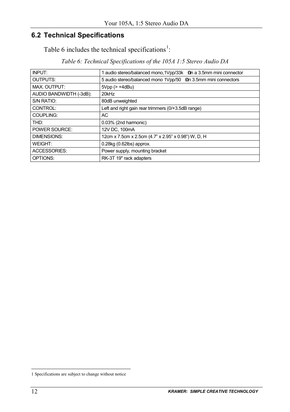 2 technical specifications, Technical specifications | Kramer Electronics 105VB User Manual | Page 15 / 26