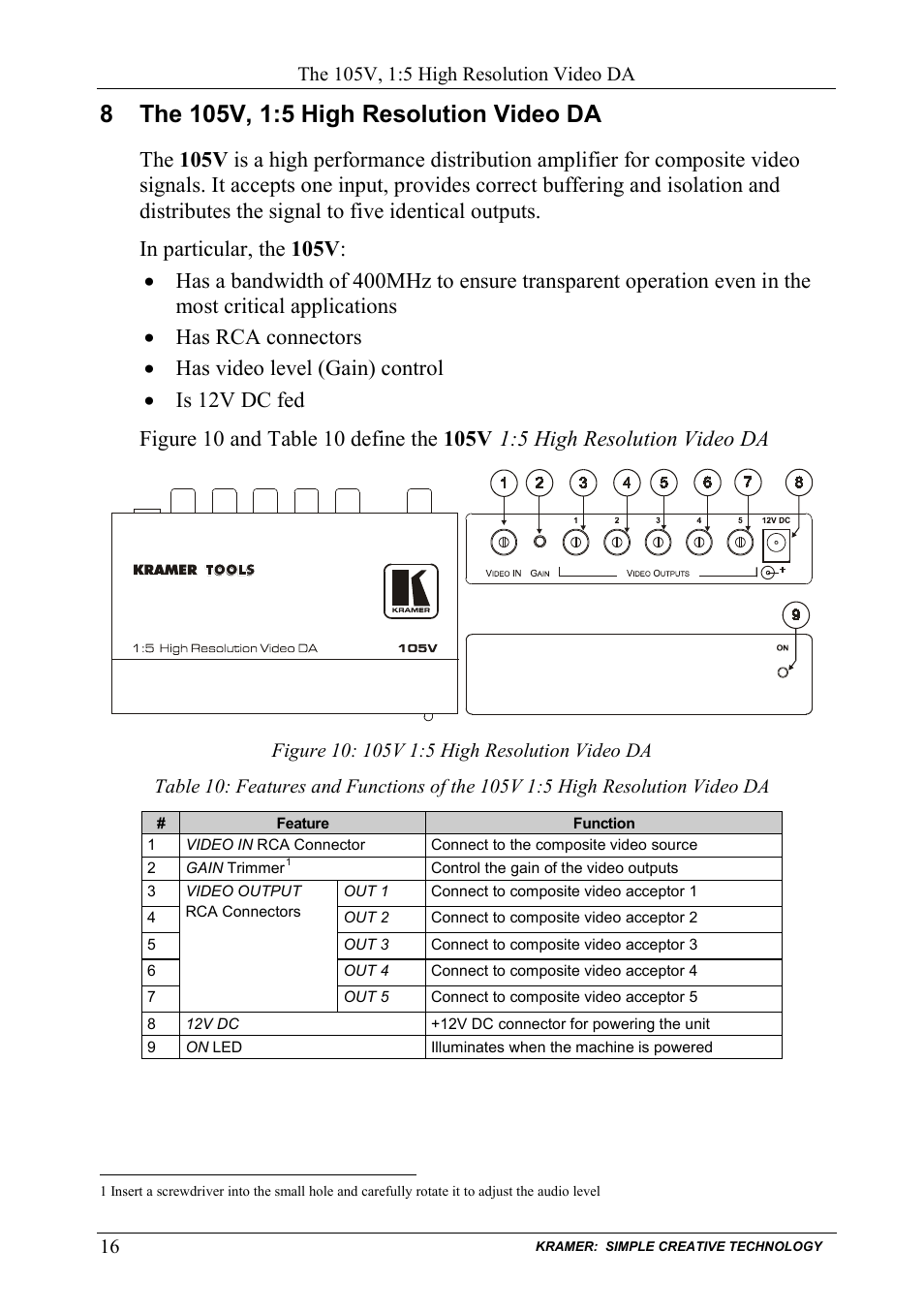 8 the 105v, 1:5 high resolution video da, The 105v, 1:5 high resolution video da, Figure 10: 105v 1:5 high resolution video da | 5 high resolution video da | Kramer Electronics 105VB User Manual | Page 19 / 26
