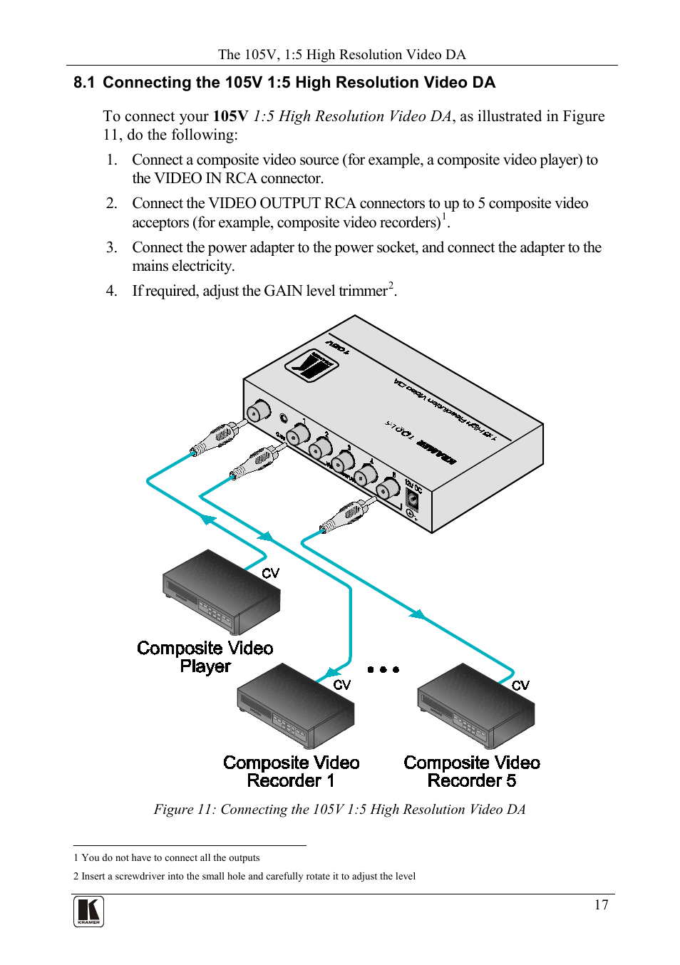 1 connecting the 105v 1:5 high resolution video da, Connecting the 105v 1:5 high resolution video da | Kramer Electronics 105VB User Manual | Page 20 / 26