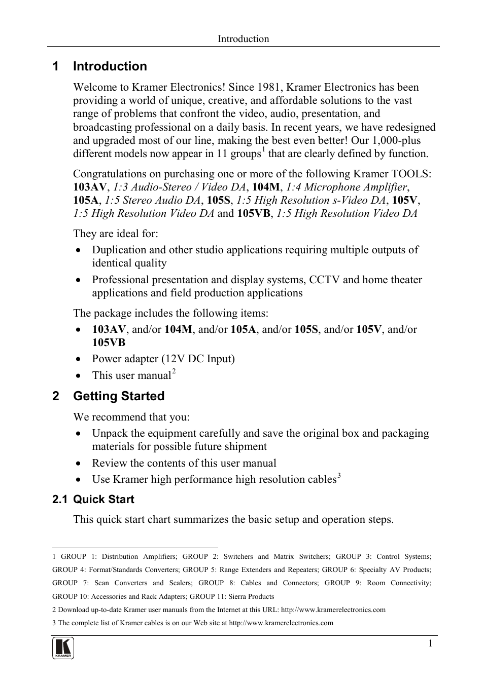 1 introduction, 2 getting started, 1 quick start | Introduction, Getting started, Quick start | Kramer Electronics 105VB User Manual | Page 4 / 26