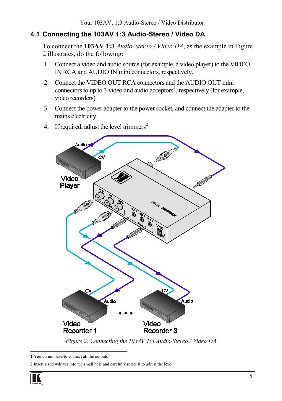 1 connecting the 103av 1:3 audio-stereo / video da, Connecting the 103av 1:3 audio-stereo / video da | Kramer Electronics 105VB User Manual | Page 8 / 26