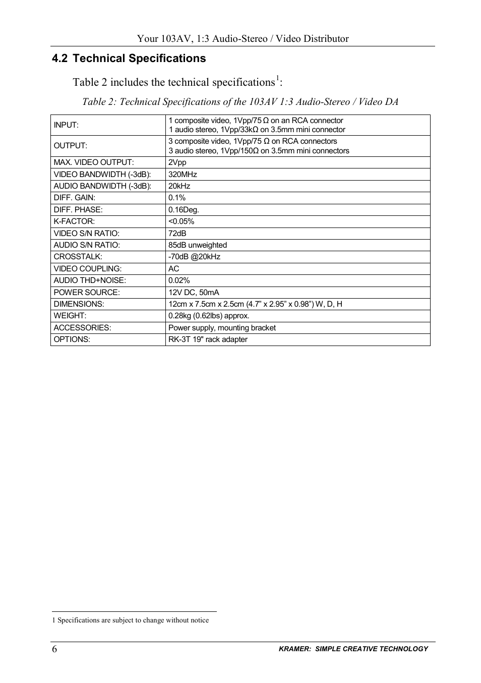 2 technical specifications, Technical specifications | Kramer Electronics 105VB User Manual | Page 9 / 26