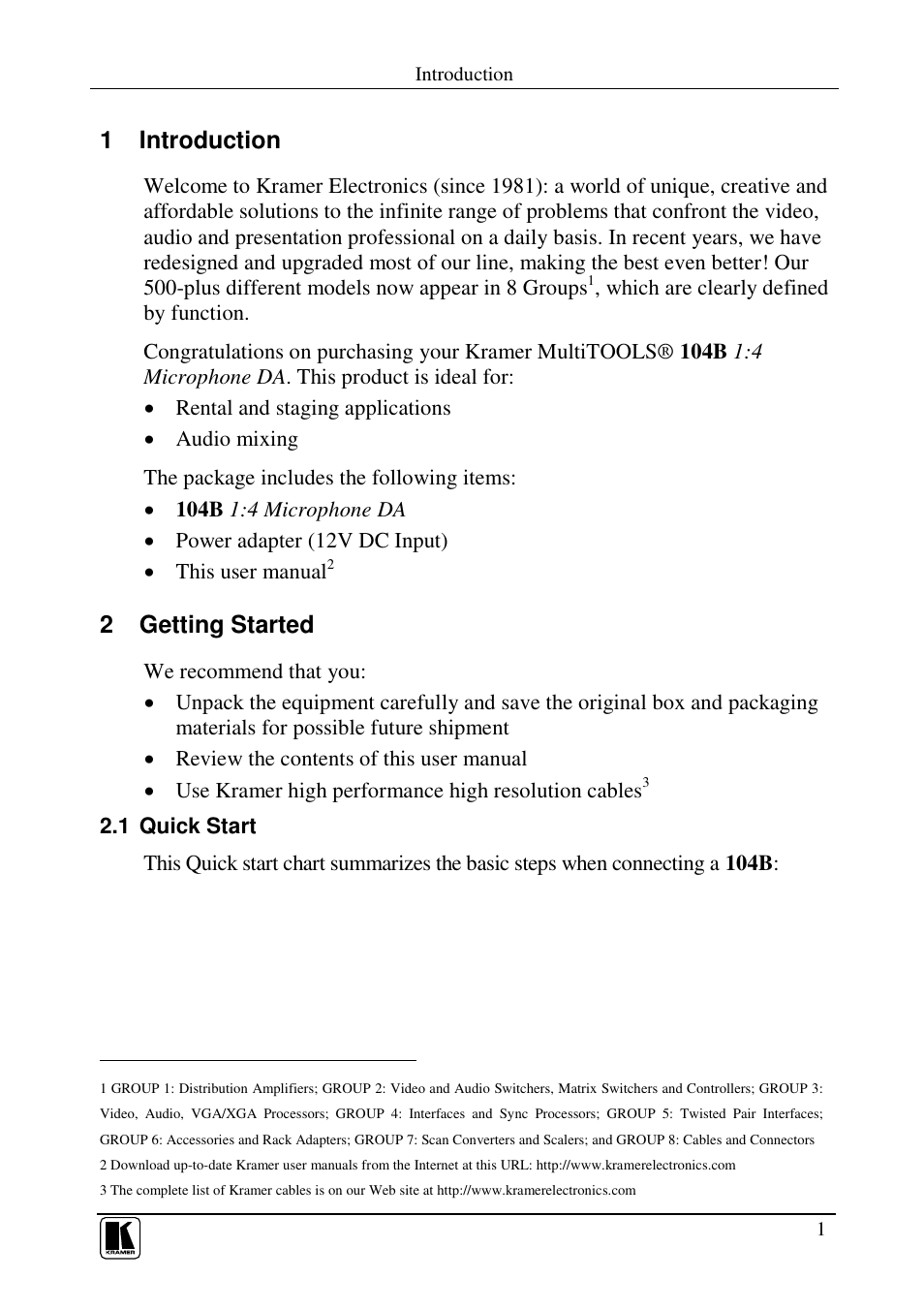1 introduction, 2 getting started | Kramer Electronics 104B User Manual | Page 3 / 10