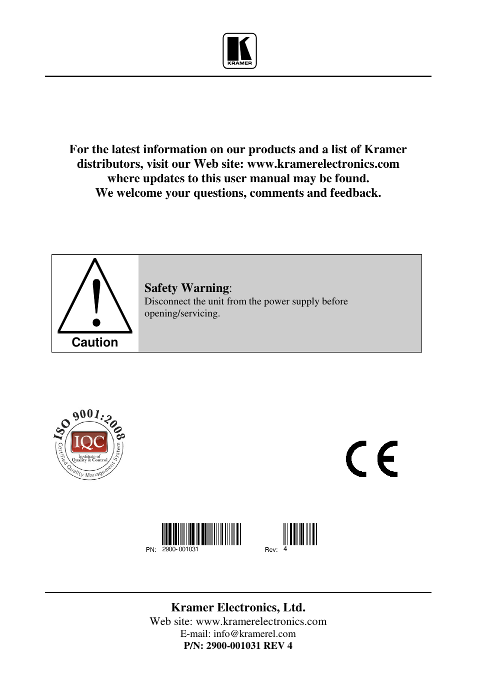 Kramer electronics, ltd, Caution, Safety warning | Kramer Electronics 123Vxl User Manual | Page 11 / 11