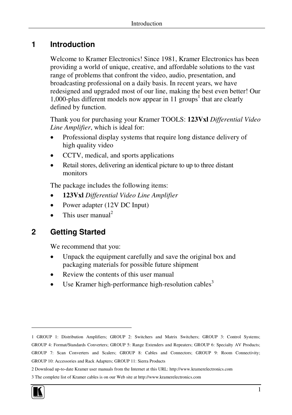 1introduction, 2getting started | Kramer Electronics 123Vxl User Manual | Page 3 / 11