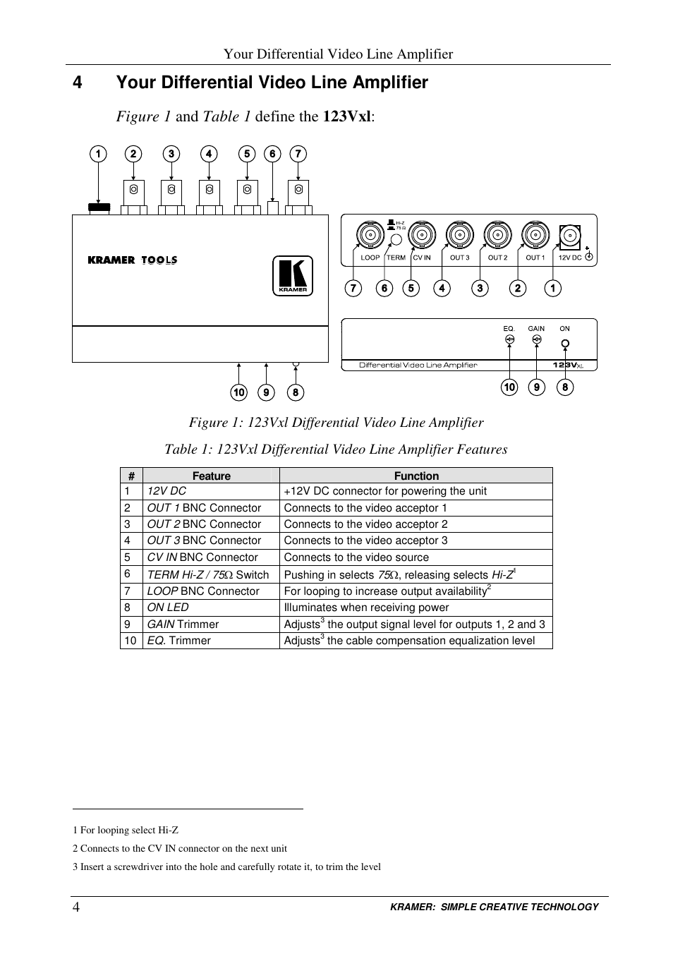 4your differential video line amplifier | Kramer Electronics 123Vxl User Manual | Page 6 / 11