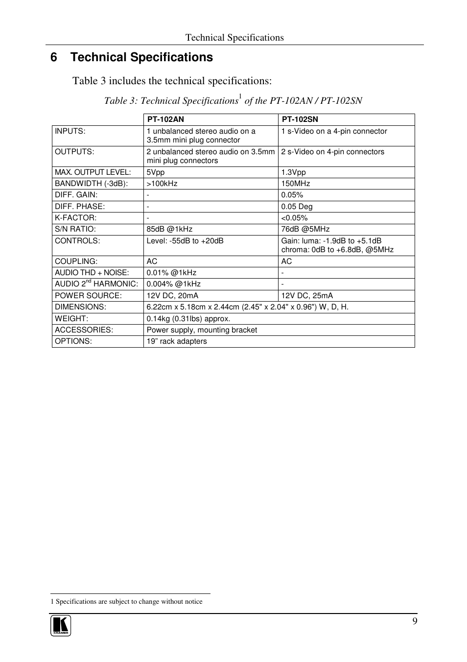 6 technical specifications, Table 3 includes the technical specifications, Technical specifications | Table 3: technical specifications | Kramer Electronics PT-102SN User Manual | Page 11 / 13