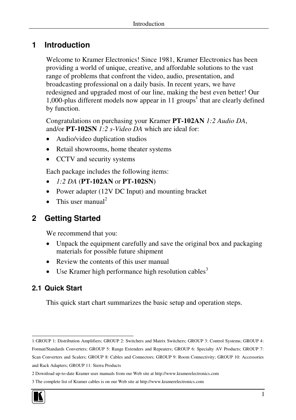 1 introduction, 2 getting started | Kramer Electronics PT-102SN User Manual | Page 3 / 13