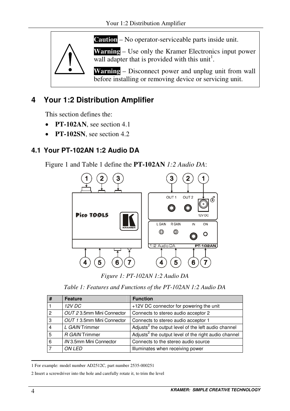4 your 1:2 distribution amplifier | Kramer Electronics PT-102SN User Manual | Page 6 / 13
