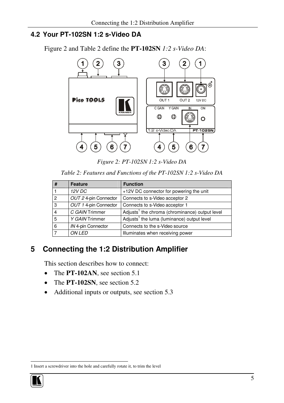 5 connecting the 1:2 distribution amplifier | Kramer Electronics PT-102SN User Manual | Page 7 / 13
