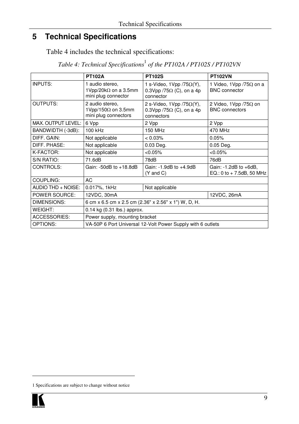 5 technical specifications, Table 4 includes the technical specifications, Technical specifications | Table 4: technical specifications | Kramer Electronics PT-102S User Manual | Page 11 / 13