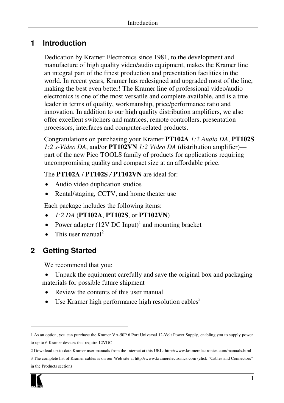 1 introduction, 2 getting started | Kramer Electronics PT-102S User Manual | Page 3 / 13