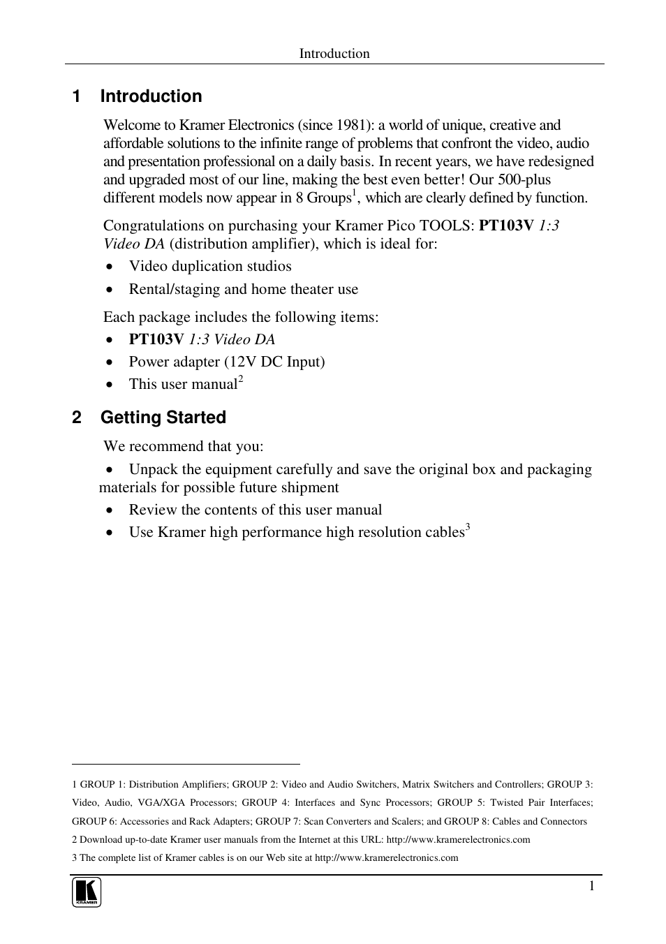 1 introduction, 2 getting started | Kramer Electronics PT-103V User Manual | Page 3 / 10