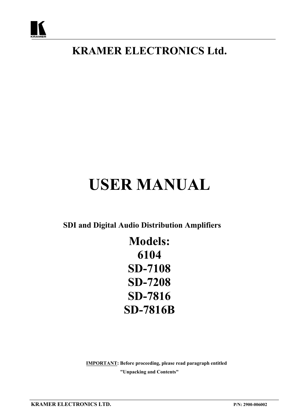Kramer Electronics SD-7108 User Manual | 20 pages