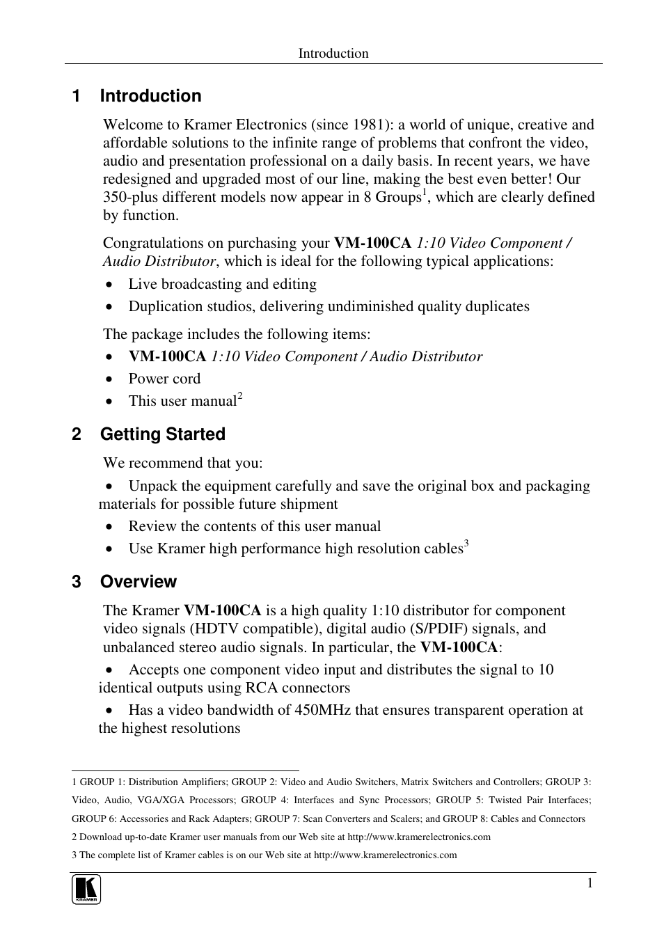 1 introduction, 2 getting started, 3 overview | Kramer Electronics VM-100CA User Manual | Page 3 / 14