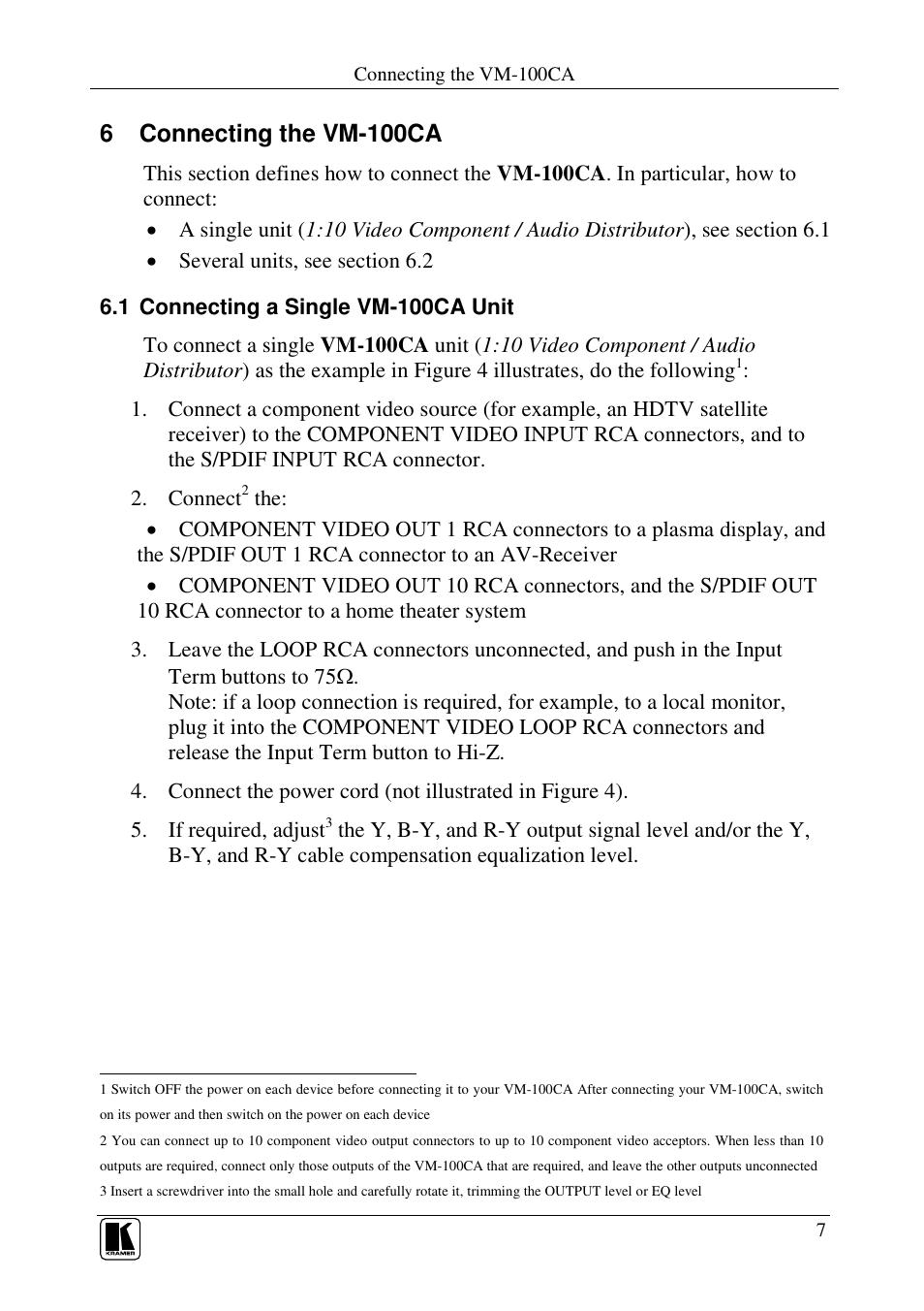 6 connecting the vm-100ca | Kramer Electronics VM-100CA User Manual | Page 9 / 14