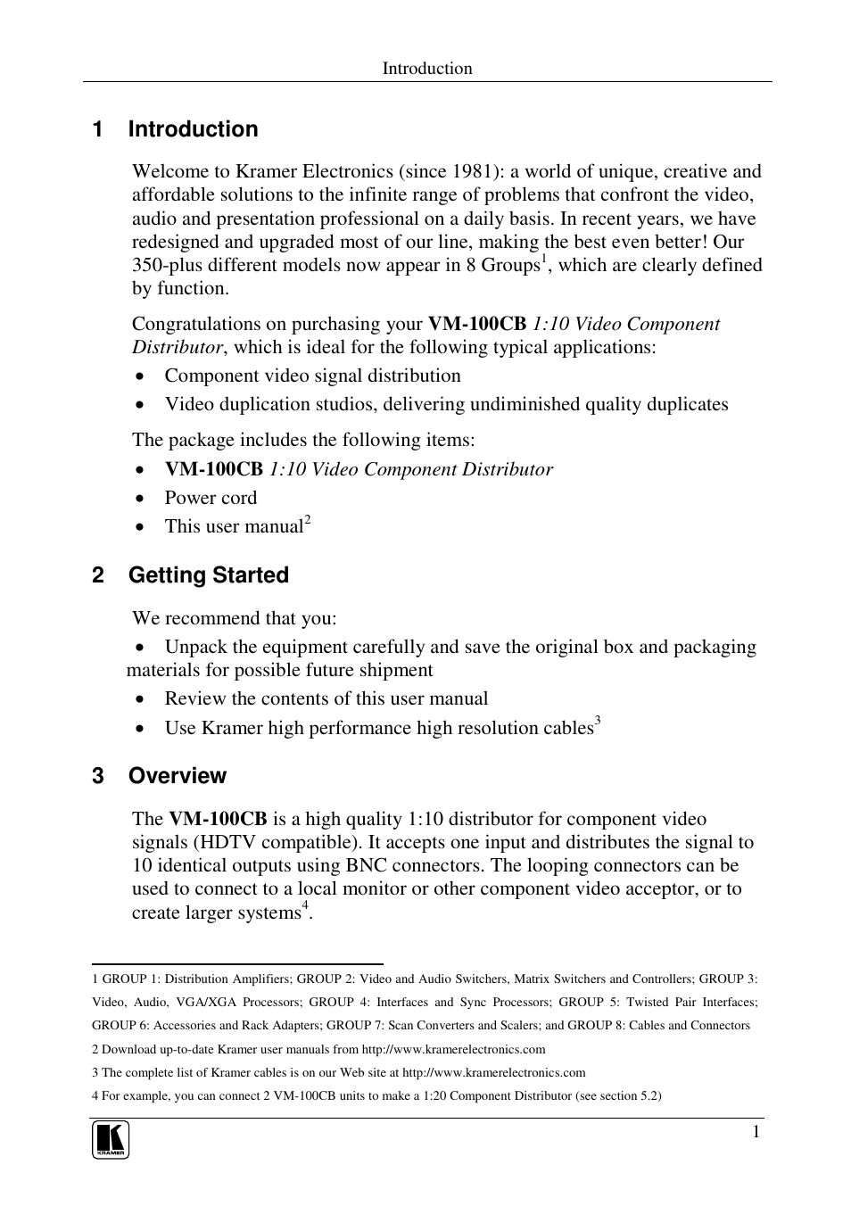 1 introduction, 2 getting started, 3 overview | Kramer Electronics VM-100CB User Manual | Page 3 / 12