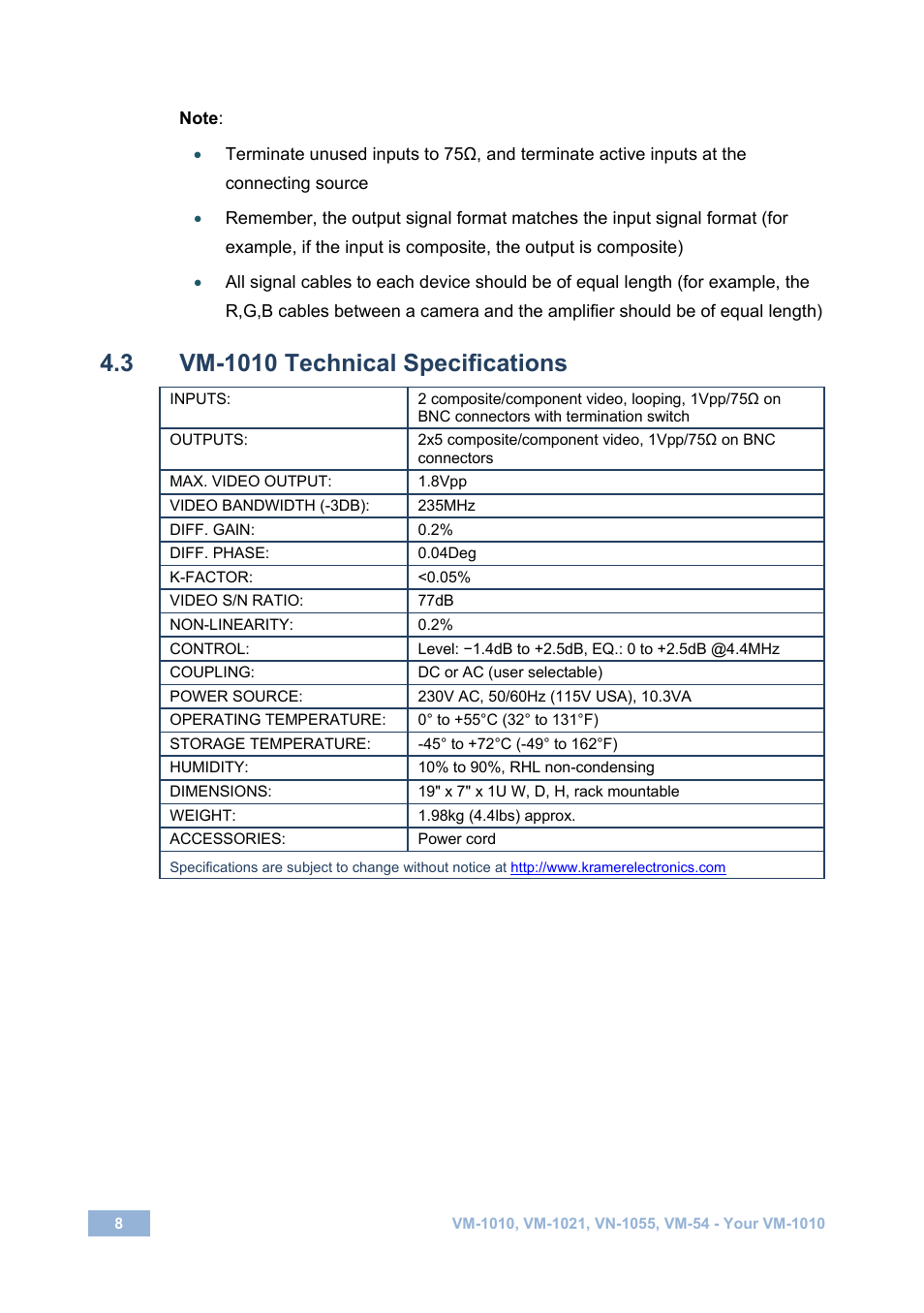 3 vm-1010 technical specifications, Vm-1010 technical specifications | Kramer Electronics VM-1055 User Manual | Page 10 / 27