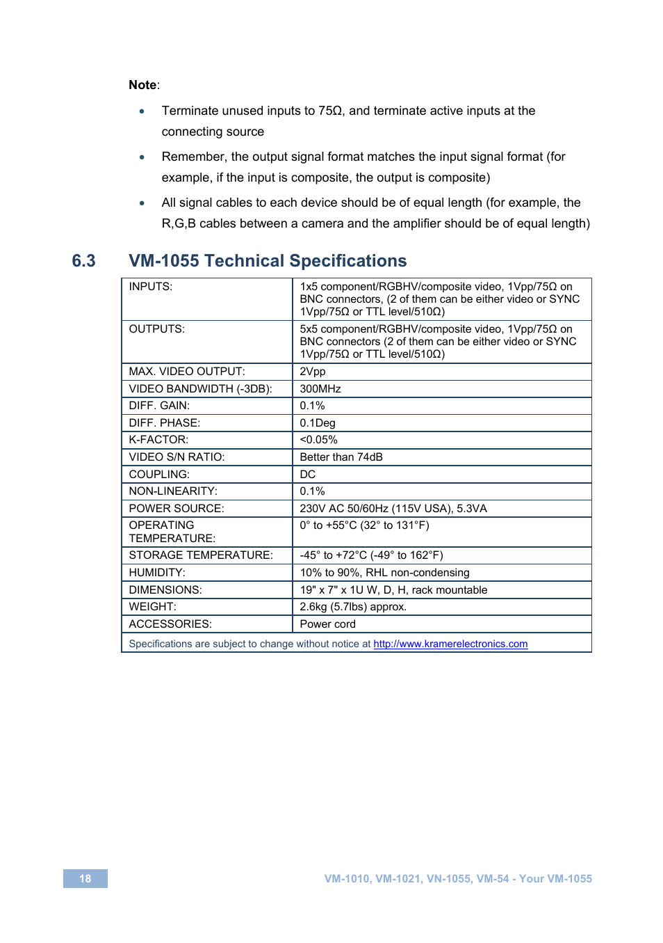 3 vm-1055 technical specifications, Vm-1055 technical specifications | Kramer Electronics VM-1055 User Manual | Page 20 / 27