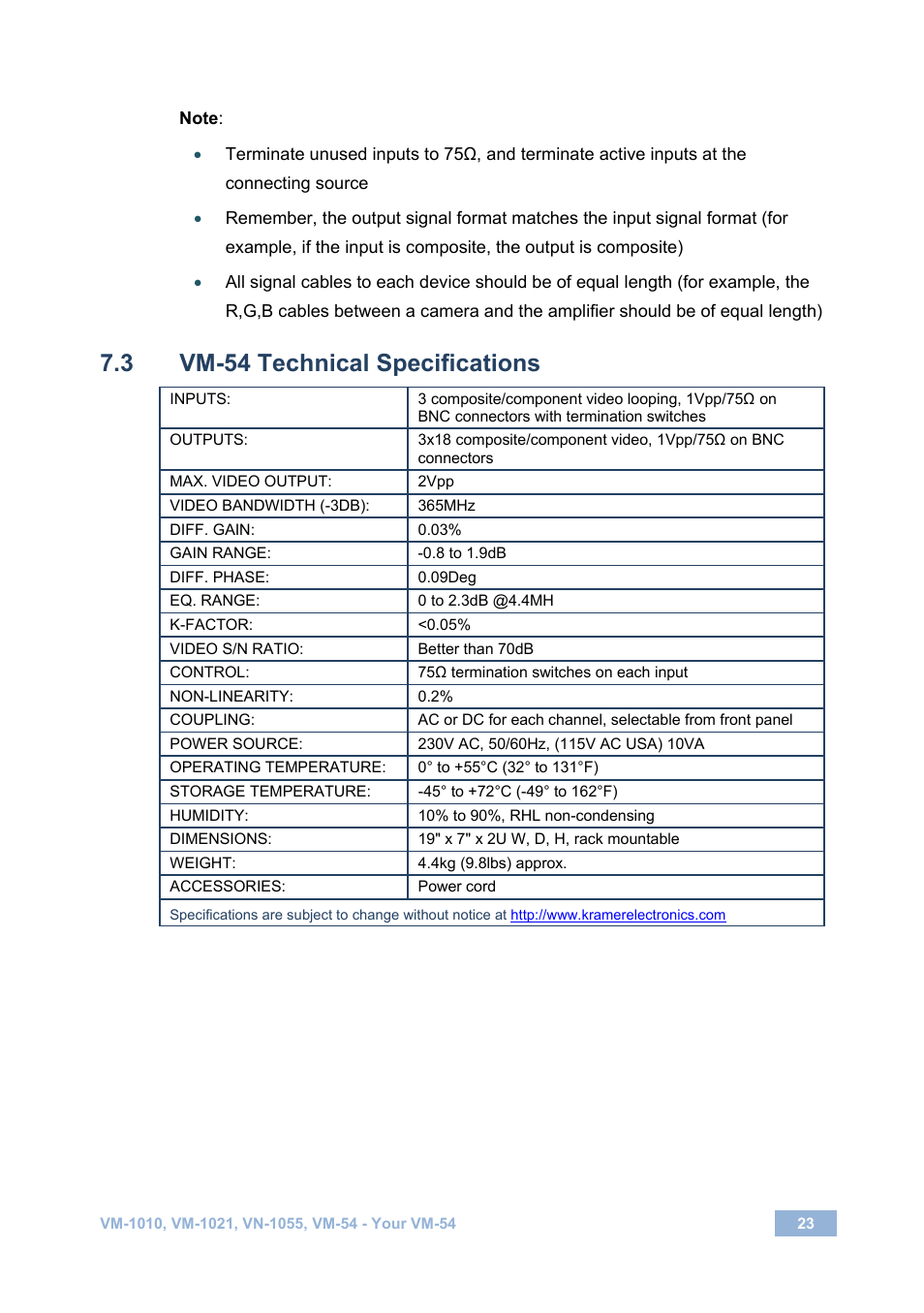 3 vm-54 technical specifications, Vm-54 technical specifications | Kramer Electronics VM-1055 User Manual | Page 25 / 27