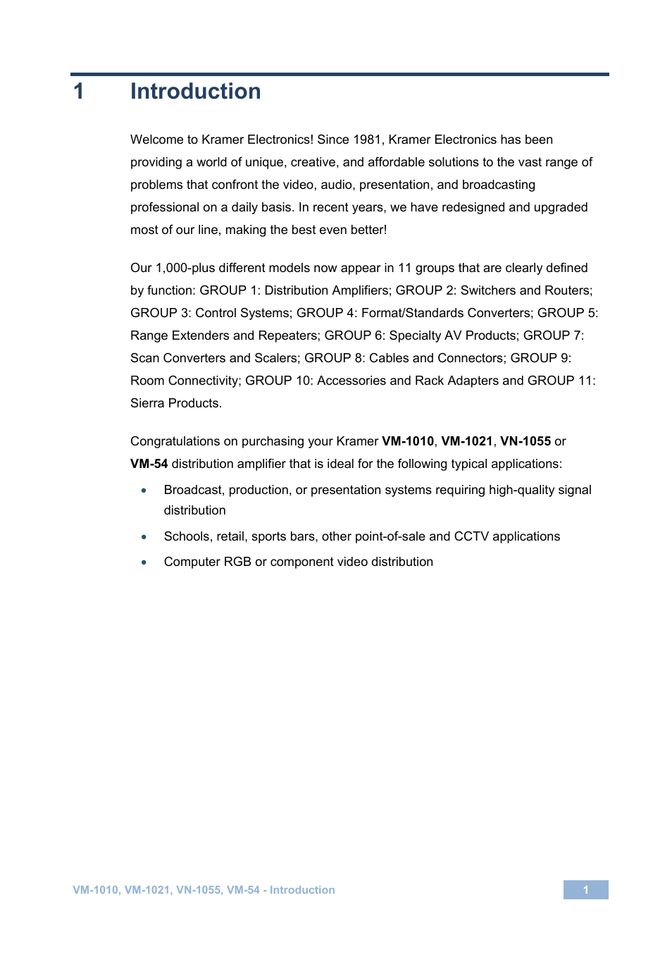 1 introduction, Introduction | Kramer Electronics VM-1055 User Manual | Page 3 / 27
