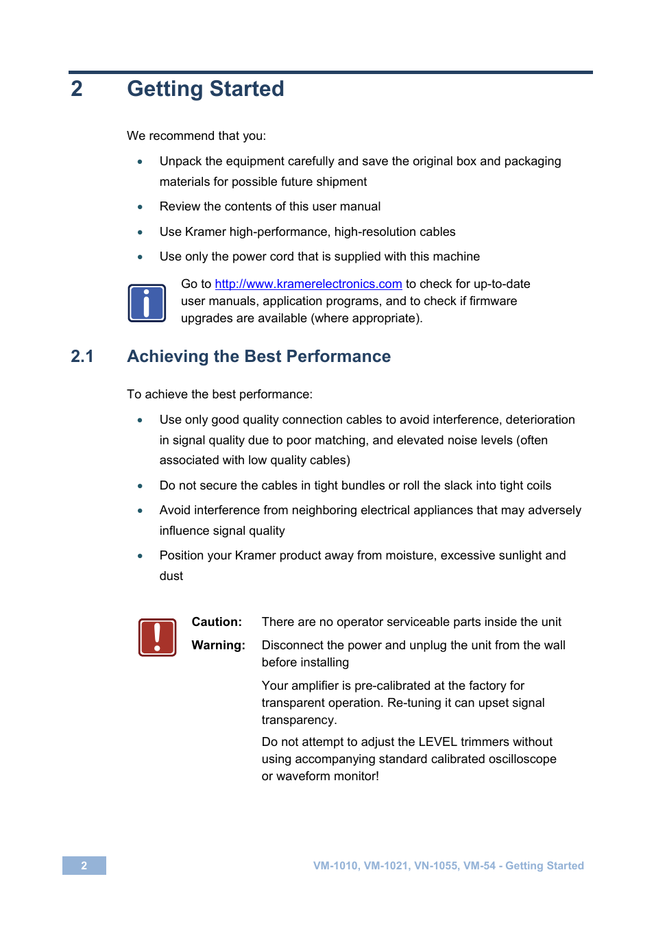 2 getting started, 1 achieving the best performance, Getting started | Achieving the best performance | Kramer Electronics VM-1055 User Manual | Page 4 / 27