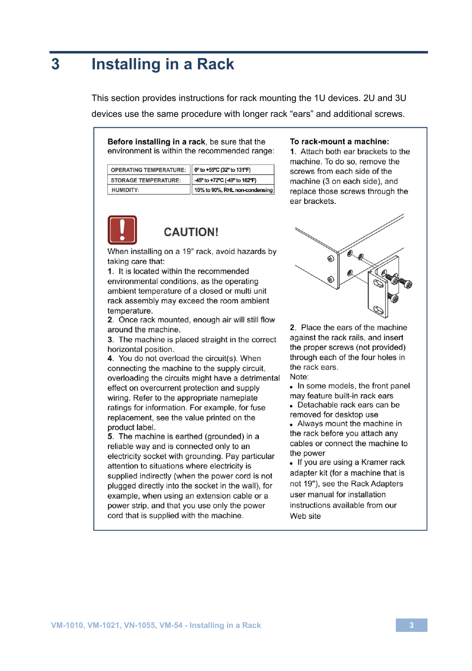 3 installing in a rack, Installing in a rack, 3installing in a rack | Kramer Electronics VM-1055 User Manual | Page 5 / 27