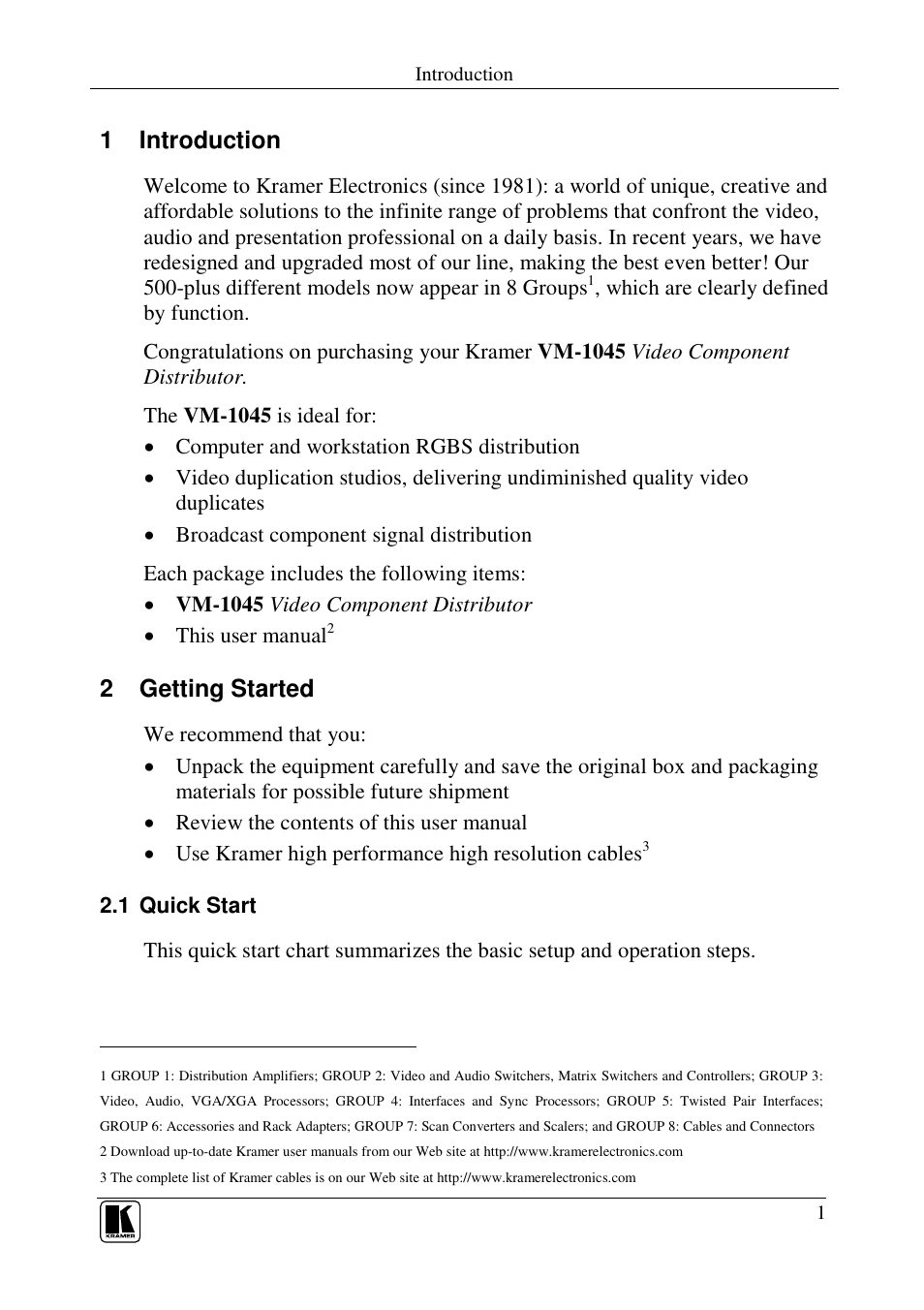 1 introduction, 2 getting started | Kramer Electronics VM-1045 User Manual | Page 3 / 15