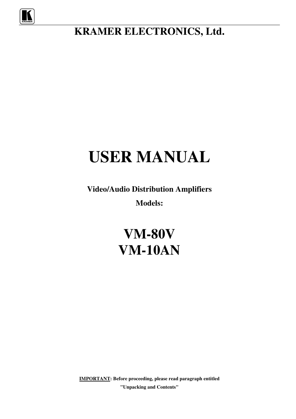 Kramer Electronics VM-80V User Manual | 16 pages