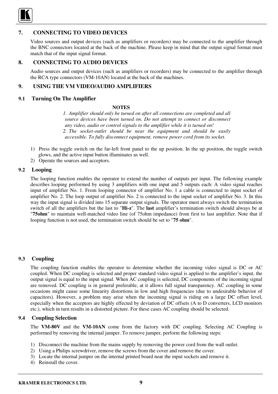Kramer Electronics VM-80V User Manual | Page 10 / 16