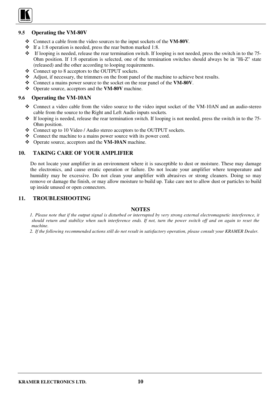 Operating the vm-80v, Operating the vm-10an, Taking care of your amplifier | Kramer Electronics VM-80V User Manual | Page 11 / 16