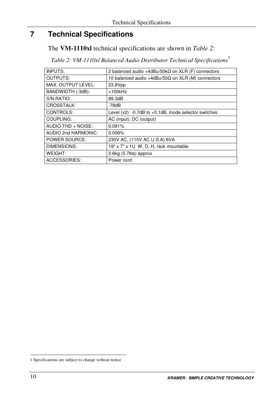 7technical specifications | Kramer Electronics VM-1110xl User Manual | Page 12 / 14