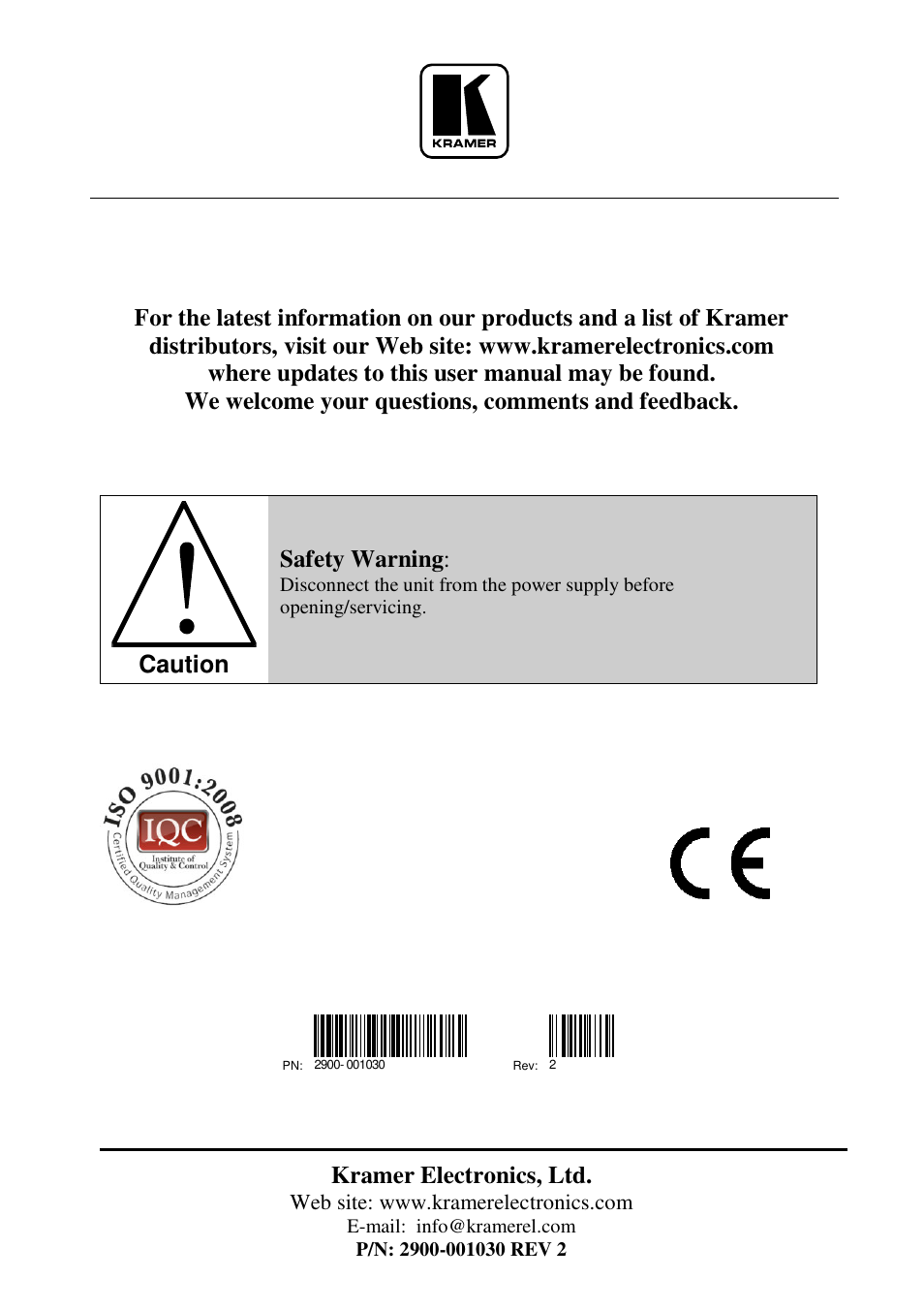 Kramer electronics, ltd, Caution, Safety warning | Kramer Electronics VM-1110xl User Manual | Page 14 / 14