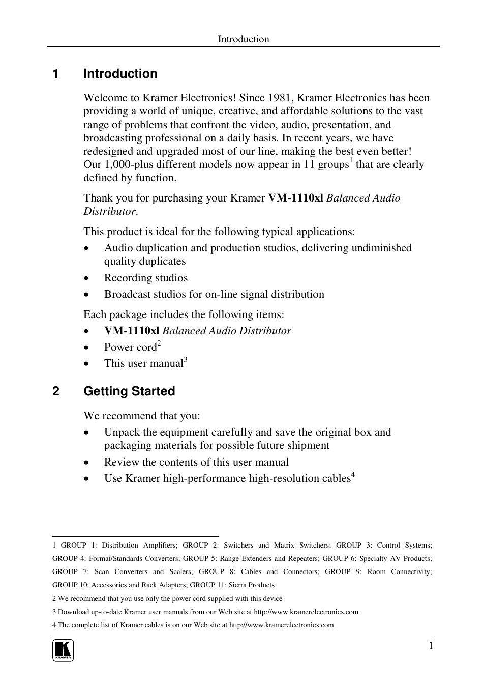 1introduction, 2getting started | Kramer Electronics VM-1110xl User Manual | Page 3 / 14