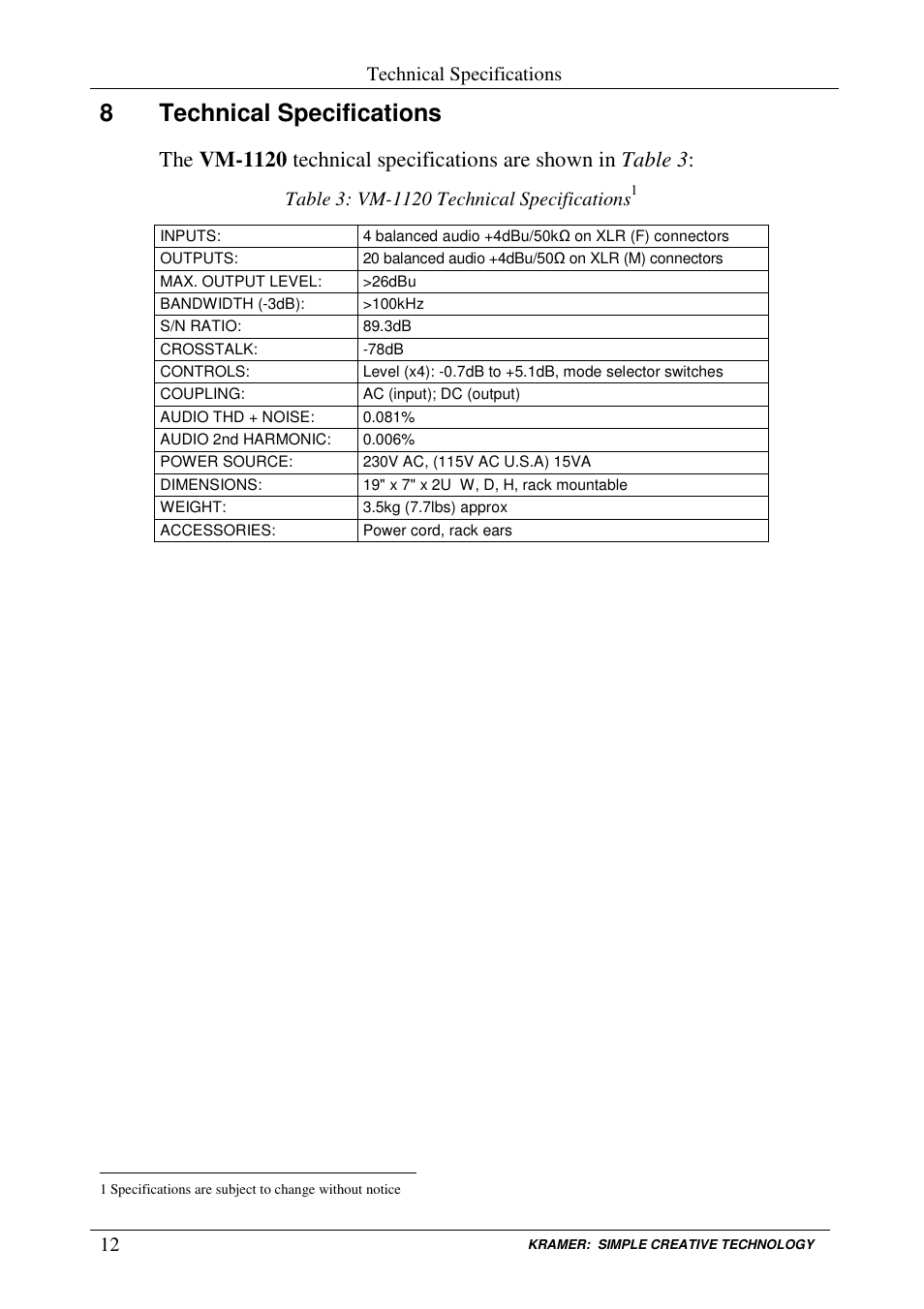 8technical specifications, Technical specifications | Kramer Electronics VM-1120 User Manual | Page 14 / 16