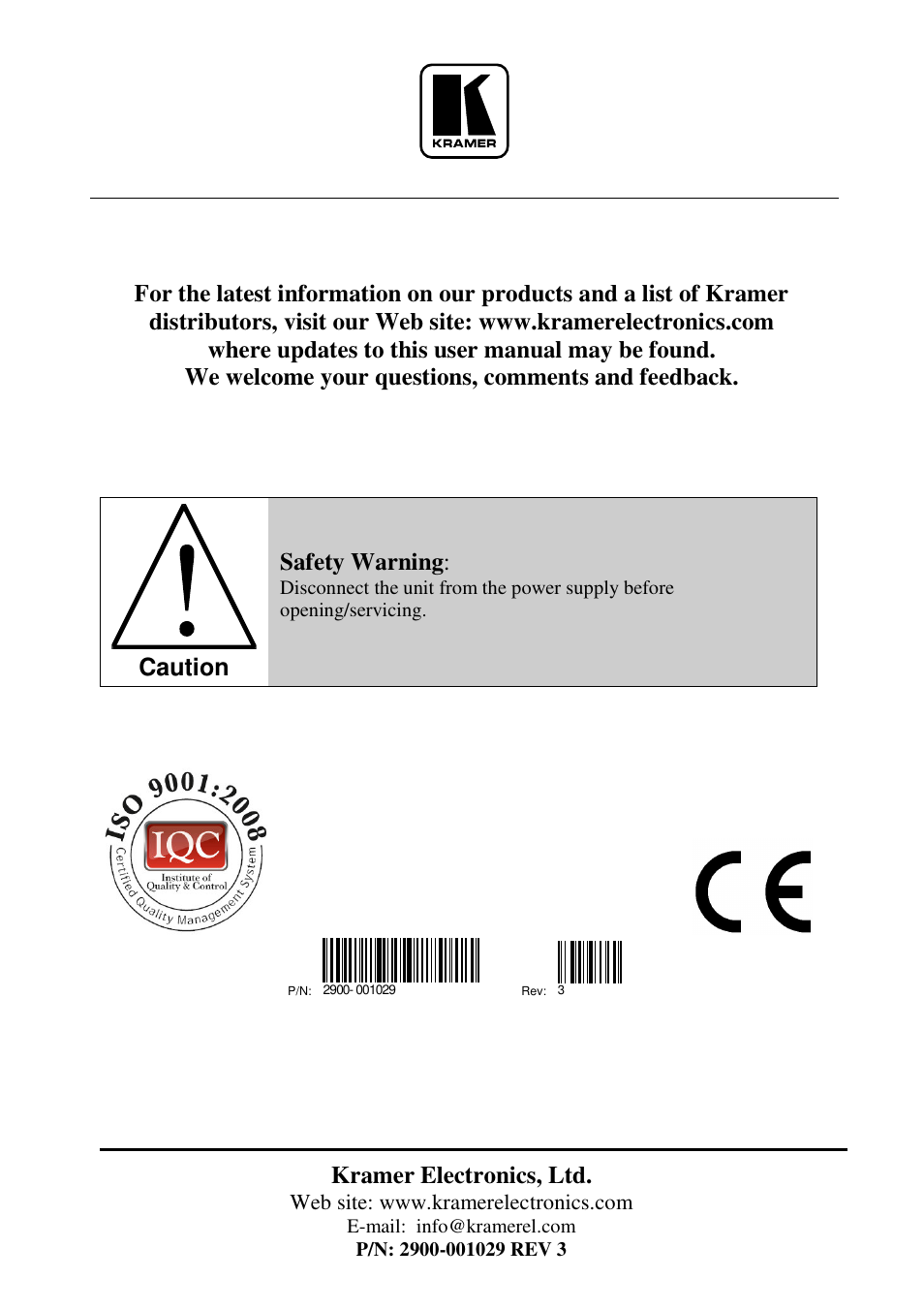 Kramer electronics, ltd, Caution, Safety warning | Kramer Electronics VM-1120 User Manual | Page 16 / 16